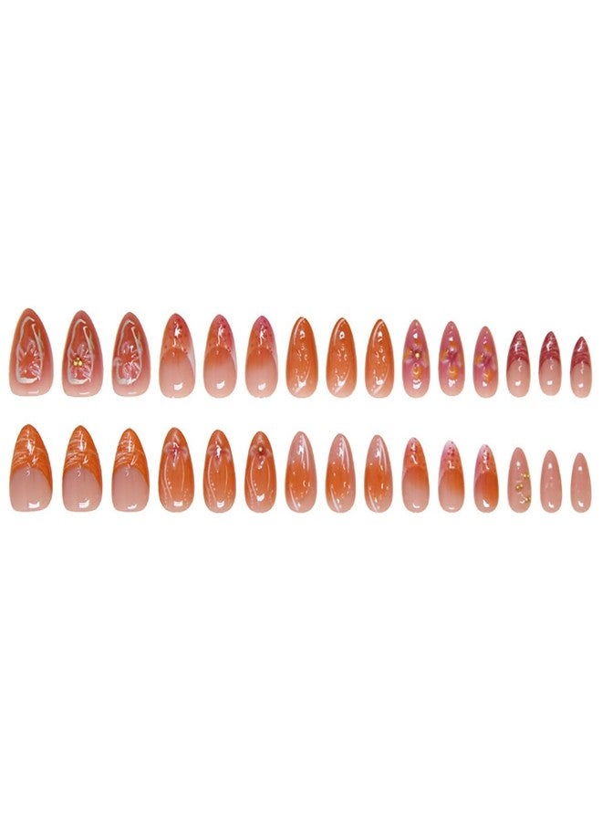 KRTBKR 24Pcs Handmade Press on Nails Medium French Tip Fake Nails Almond Shaped 3D Flower Hibiscus with Gold Beads Glitter Design Glue on Nails Spring Summer False Nails for Women Girls Acrylic Manicure - Image 5