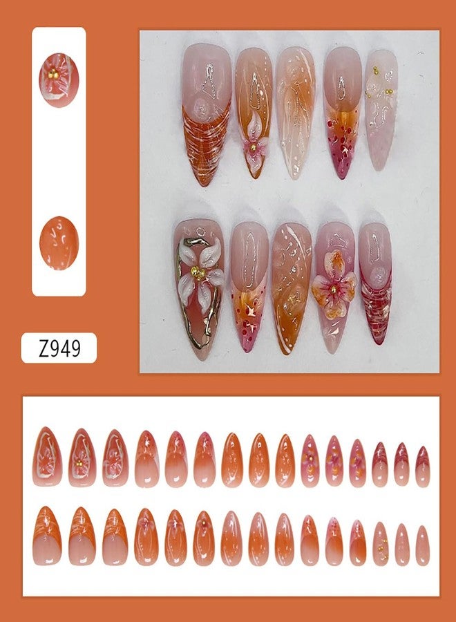KRTBKR 24Pcs Handmade Press on Nails Medium French Tip Fake Nails Almond Shaped 3D Flower Hibiscus with Gold Beads Glitter Design Glue on Nails Spring Summer False Nails for Women Girls Acrylic Manicure - Image 2