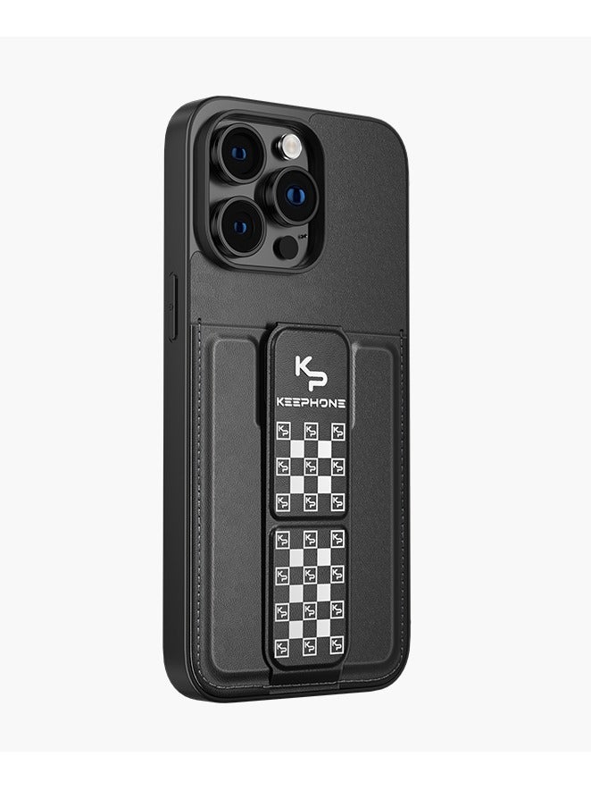 حافظة جلدية مع حامل وحامل بطاقات لهاتف iPhone 15 Pro باللون الاسود