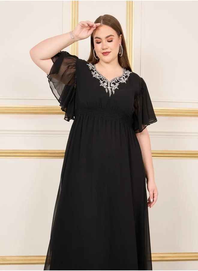 Styli Plus Embellished Smocked Waist A-Line Maxi  Dress