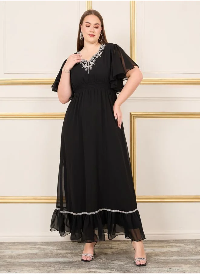 Styli Plus Embellished Smocked Waist A-Line Maxi  Dress