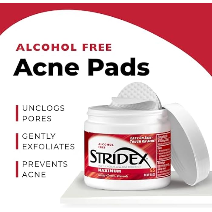 Stridex Medicated Acne Pads, Maximum, 55 Count – Facial Cleansing Wipes, Alcohol Free, Acne Treatment for Face, For Moderate Acne, Smooth Application - Image 5