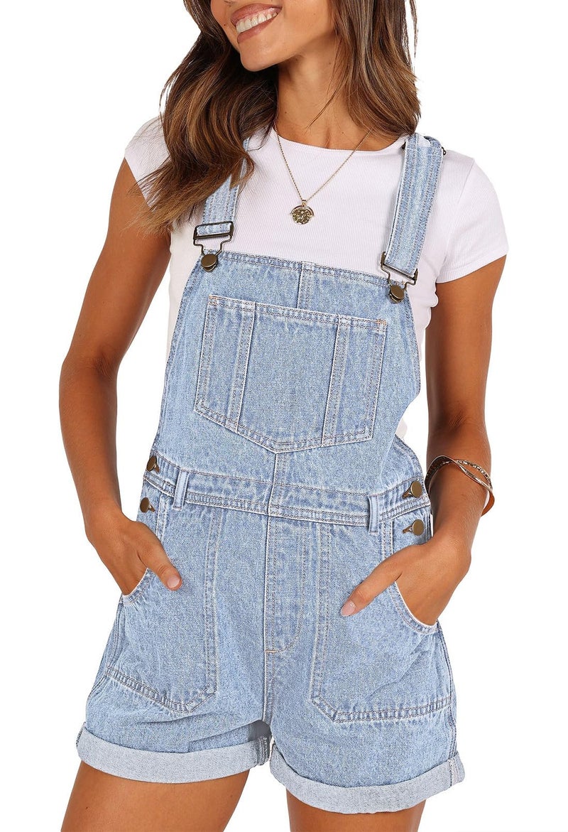 Pink Queen Women's Casual Loose Bib Short Jean Overall Outfits Relaxed Fit Empire Waist Shortalls Workwear with Adjustable Straps and Convenient Tool Pockets Light Blue L - Image 1