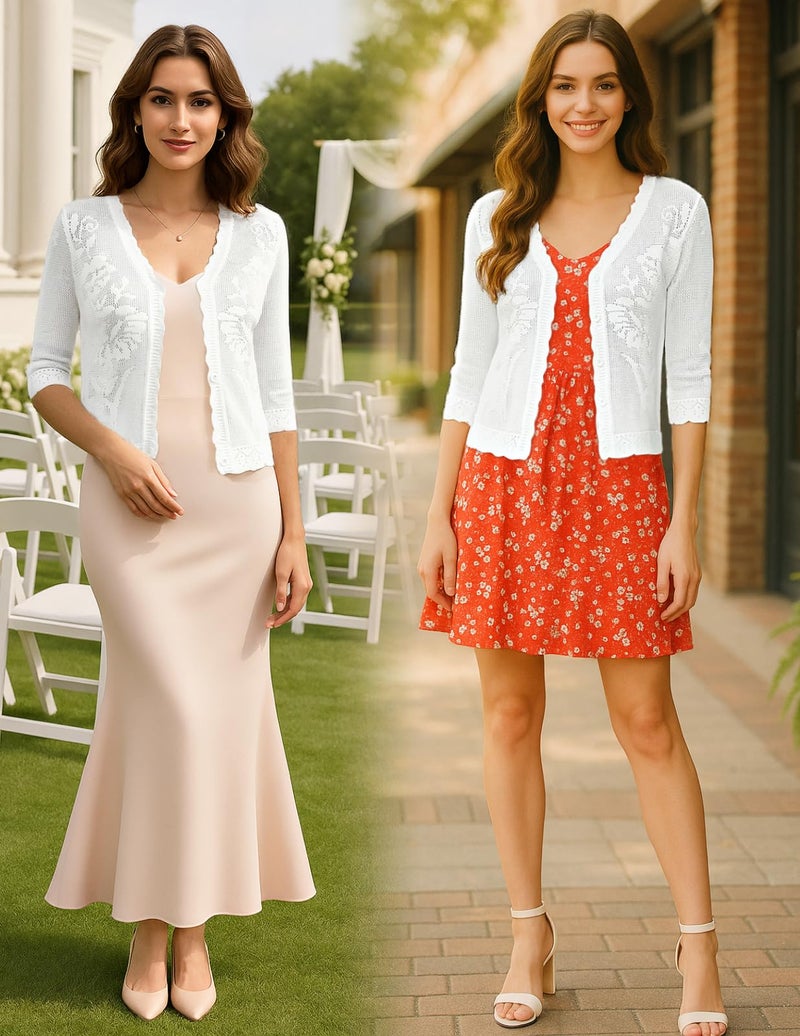 Kate Kasin Cropped Cardigans for Women Lightweight 3/4 Sleeve Button Down Crochet Knit Textured Shrug Sweaters Top White Large - Image 4