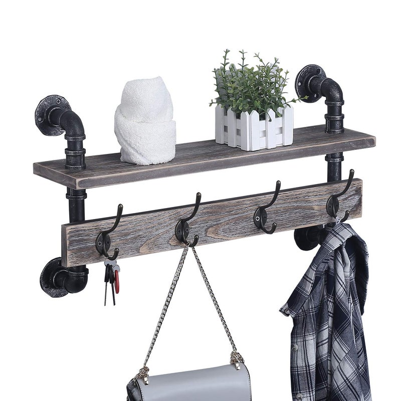 MBQQ Industrial Pipe Wall Coat Rack Entryway Wall Shelf Hanging Shelf Real Wooden Shelves and 4 Metal HooksRustic Coat Rack Wall Mounted for HallwayBathroomLivingn RoomBedroom24 inch