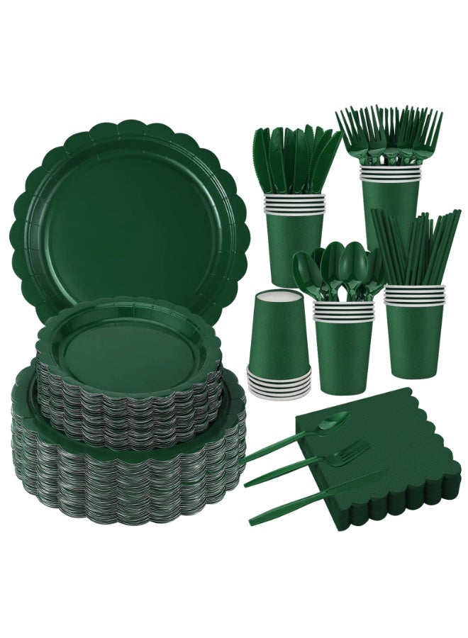 HomarKet 200 Pcs Disposable Paper Plates and Napkins,25 Guest Party Supplies Dinnerware Set Include Scalloped Paper Plates Napkin Cup Straw Plastic Spoon Fork Knive for Party,Wedding,Birthday (Green) - Image 1