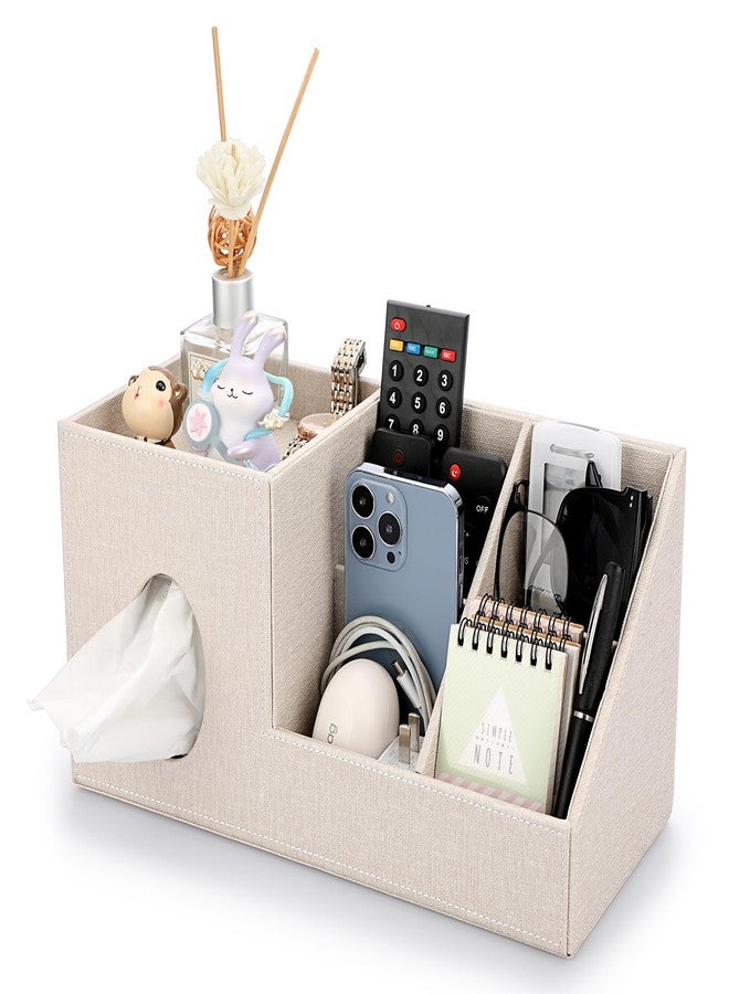 Sumnacon Square Linen Tissue Box Cover - Decorative Cube Tissue Cover with Side and Top Organizer, Modern Tissue Holder for Living Room Vanity Night Stand Table Countertop Office, Beige - Image 1