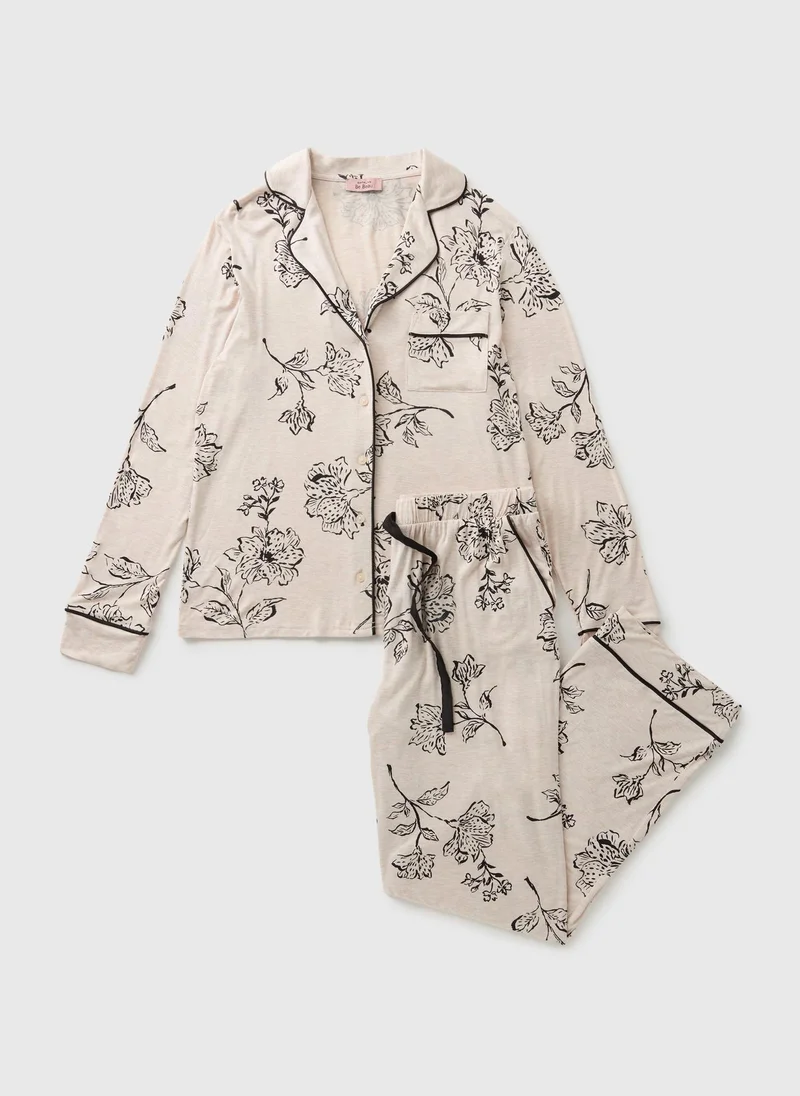 ماتلان Cream Leaf Print Button Up Pyjama Set