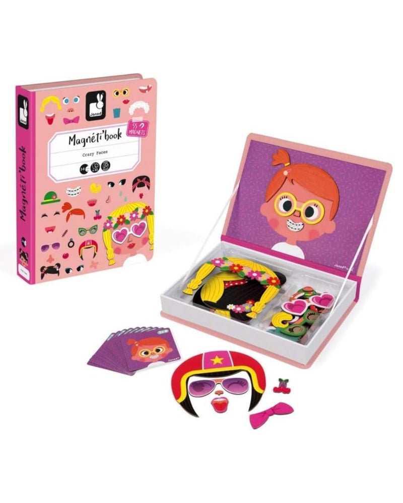 Janod MagnetiBook 66 pc Magnetic Girl Crazy Face Dress Up Game  Ages 3  Creative Play  Enhances Creativity and Learning  Includes 55 Magnetic Pieces and 10 Cards - Image 2
