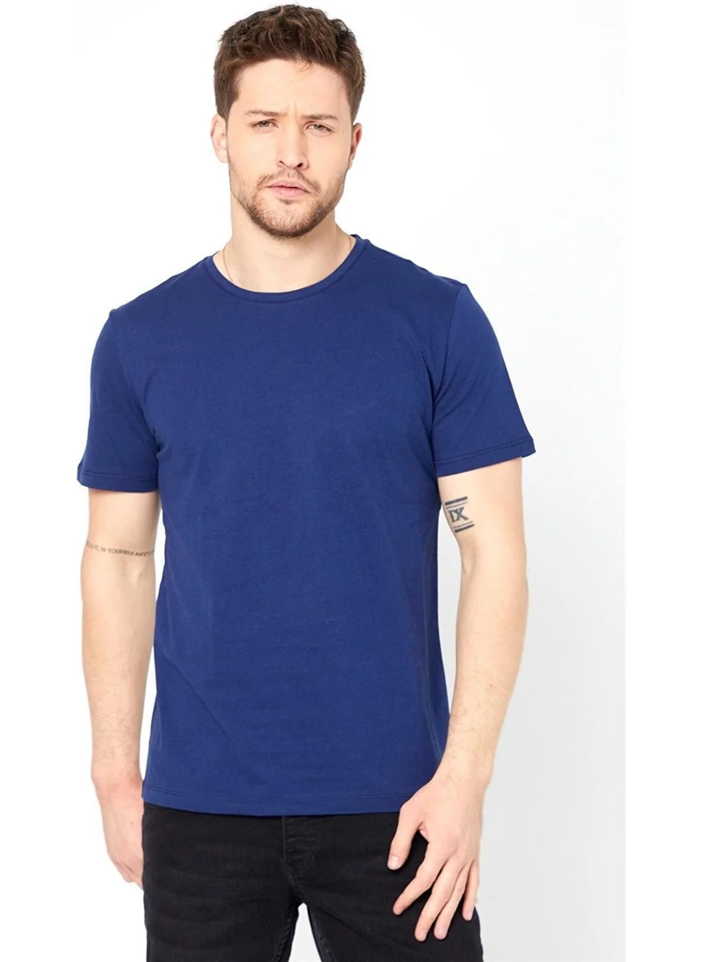 Odelon Men's Crew Neck Slim Fit Basic T-Shirt Blue