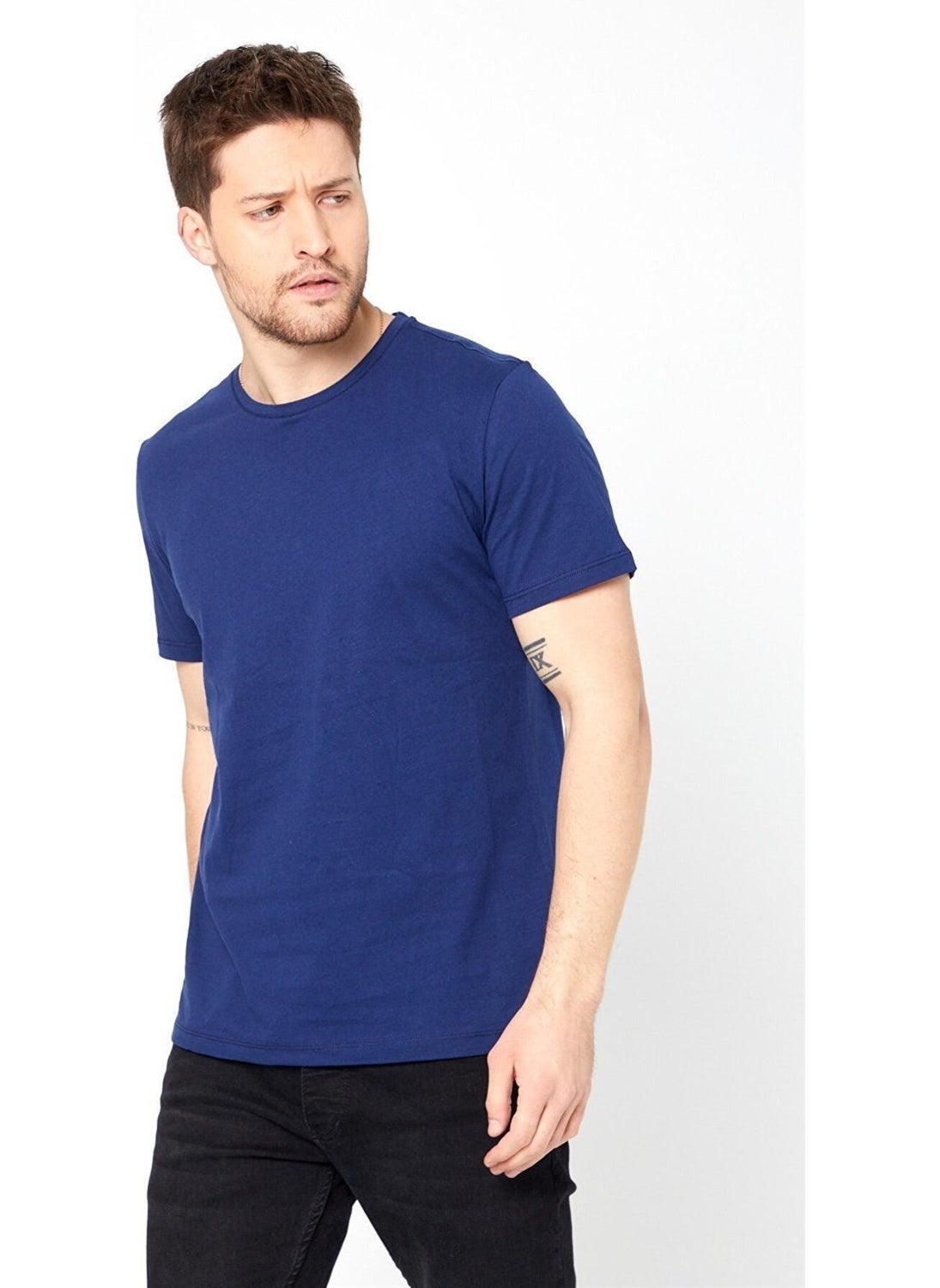 Odelon - Men's Crew Neck Slim Fit Basic T-Shirt Blue - Image 1