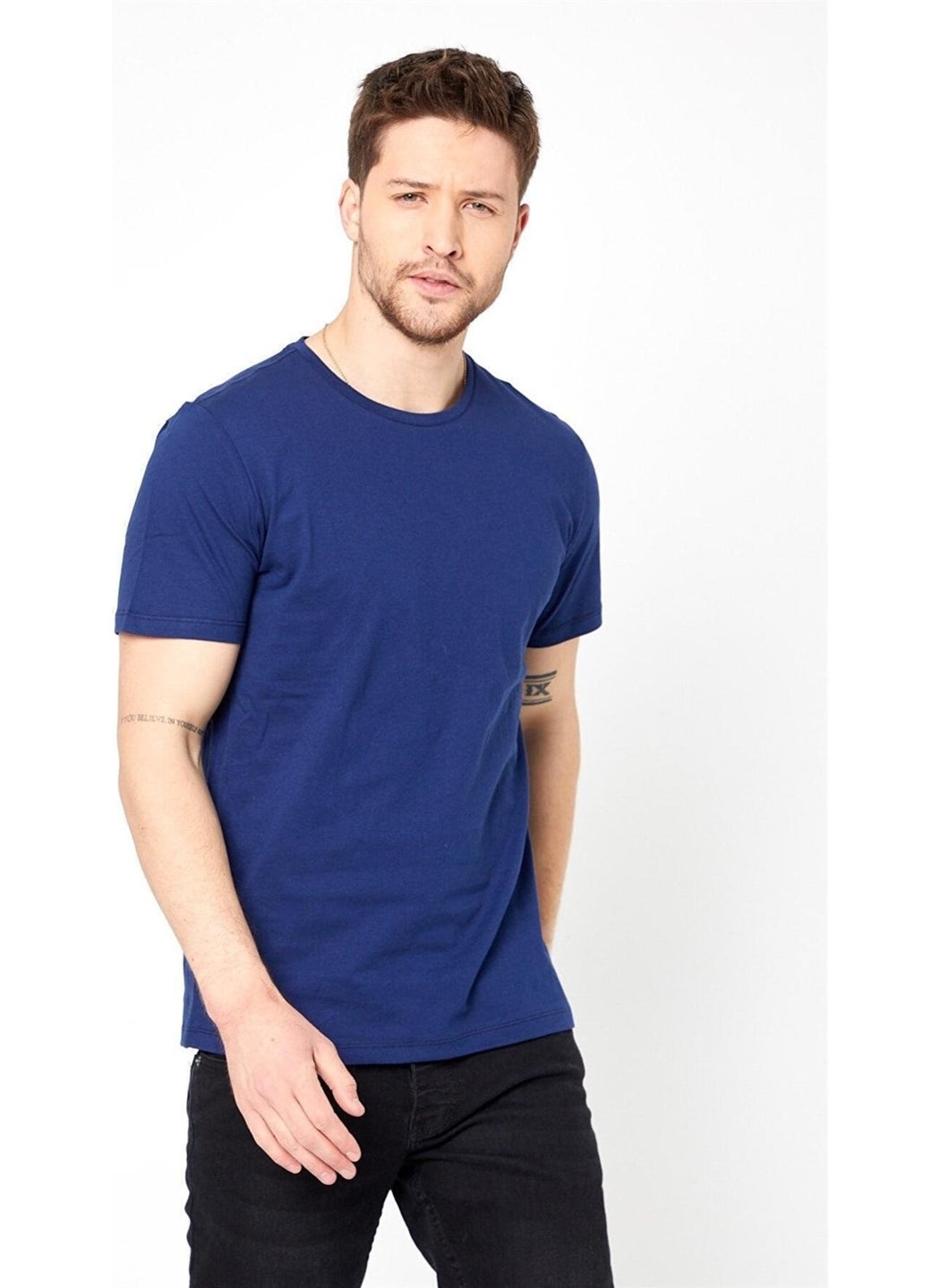 Odelon - Men's Crew Neck Slim Fit Basic T-Shirt Blue - Image 1