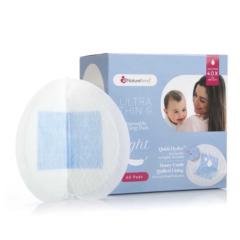 NatureBond Disposable Nursing Pads Ultra Thin Breastfeeding Breast Pads, Light, Contoured and Highly Absorbent. Highest Absorbency/Thinness Ratio 1mm (60pcs) - Image 1