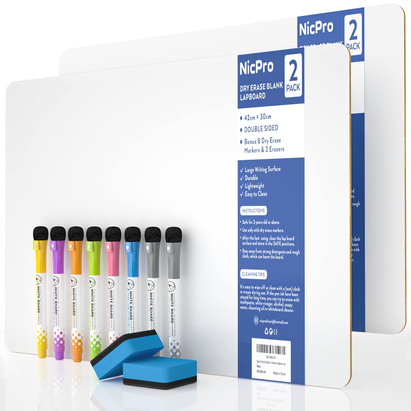Nicpro Small Dry Erase Lapboard 2 Pack Small White Board 12x 16 Mini White Board Double Sided with 8 WaterBased Pen Portable Whiteboards for Kids Students Teachers Classroom Homeschool Supplies - Image 2