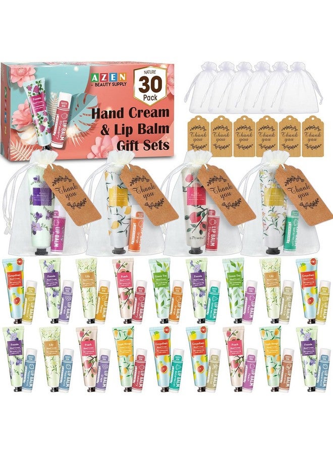 AZEN 30 Sets Hand Cream Bulk and Lip Balm Bulk Set, Bridal Shower Gifts for Guests with Organza Bag Thank You Card, Bridal Wedding Favors for Guests, Thank You Gifts for Coworkers Women Men - Image 1
