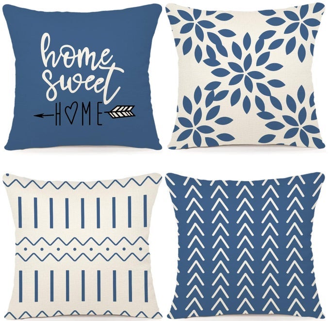 PILLOW COVERS 20X20 SET OF 4 MODERN SOFA THROW PILLOW COVER DECORATIVE OUTDOOR LINEN FABRIC PILLOW CASE FOR COUCH BED CARLIGHT BLUE