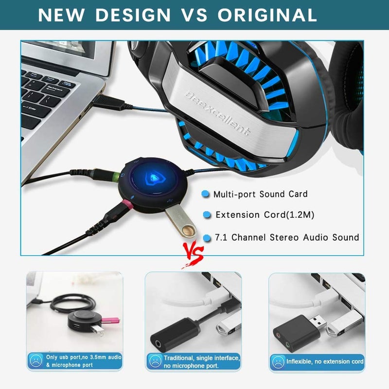 USB Hub Virtual 7.1 Channel Sound Card Adapter External Sound Card with 3.5mm AUX Mic Jack for PC Computer Gaming Headset Headphones Earphone PS4 Laptop Desktop Windows Mac OS Linux, Plug Play (Blue) - Image 3