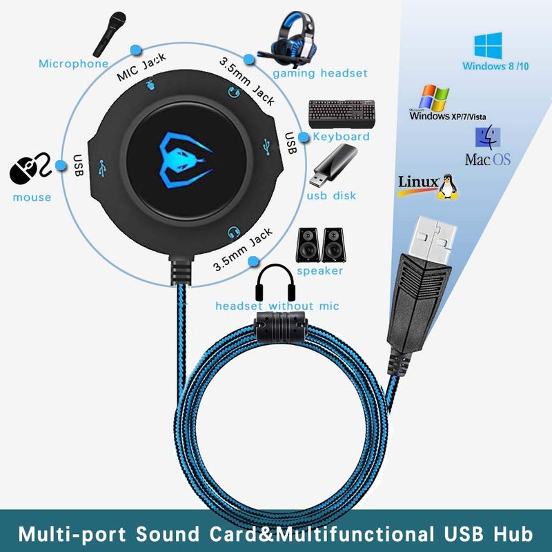 USB Hub Virtual 7.1 Channel Sound Card Adapter External Sound Card with 3.5mm AUX Mic Jack for PC Computer Gaming Headset Headphones Earphone PS4 Laptop Desktop Windows Mac OS Linux, Plug Play (Blue) - Image 2