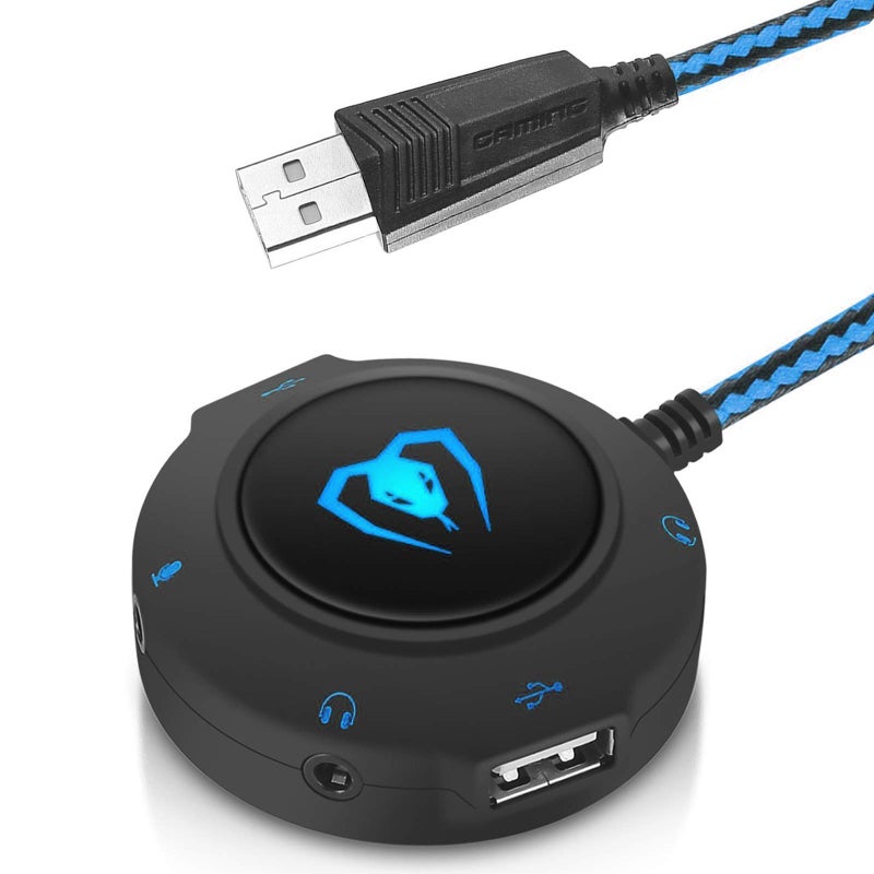 USB Hub Virtual 7.1 Channel Sound Card Adapter External Sound Card with 3.5mm AUX Mic Jack for PC Computer Gaming Headset Headphones Earphone PS4 Laptop Desktop Windows Mac OS Linux, Plug Play (Blue) - Image 1