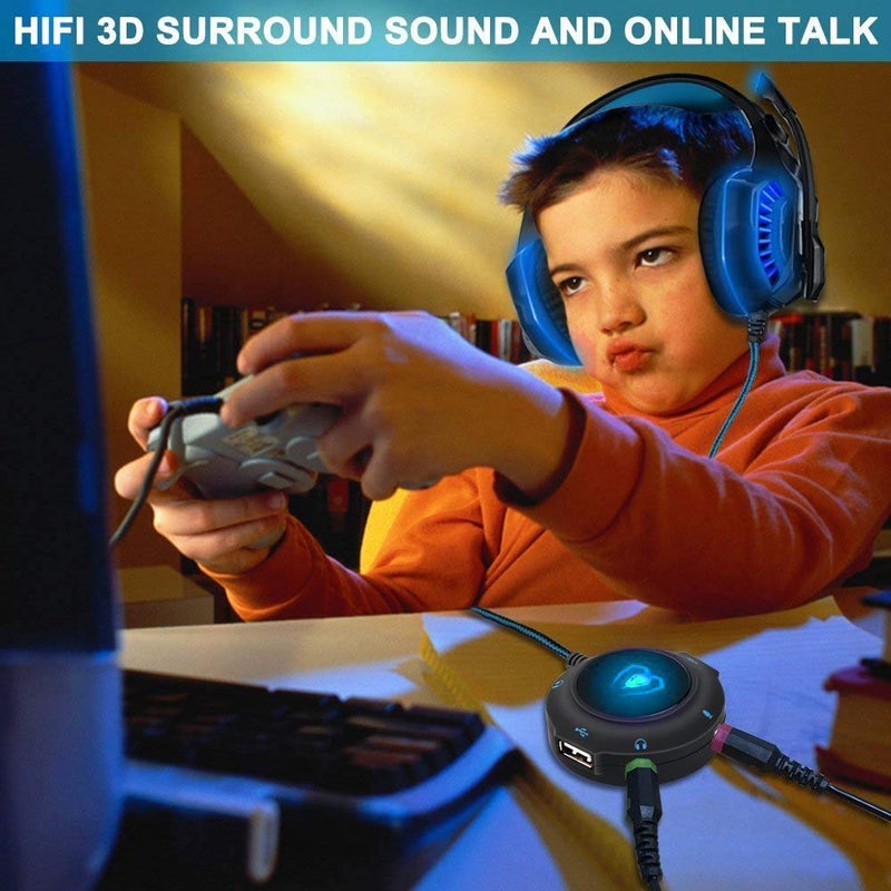 USB Hub Virtual 7.1 Channel Sound Card Adapter External Sound Card with 3.5mm AUX Mic Jack for PC Computer Gaming Headset Headphones Earphone PS4 Laptop Desktop Windows Mac OS Linux, Plug Play (Blue) - Image 5