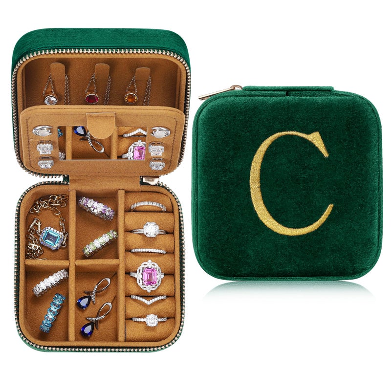 Parima Back to school Plush Velvet Jewelry Box Personalized Monogram Travel Jewelry Case Organizer Jewelry Boxes for Women Birthday Mom Friends Teen Girls Teenage Gifts Idea Letter C Green