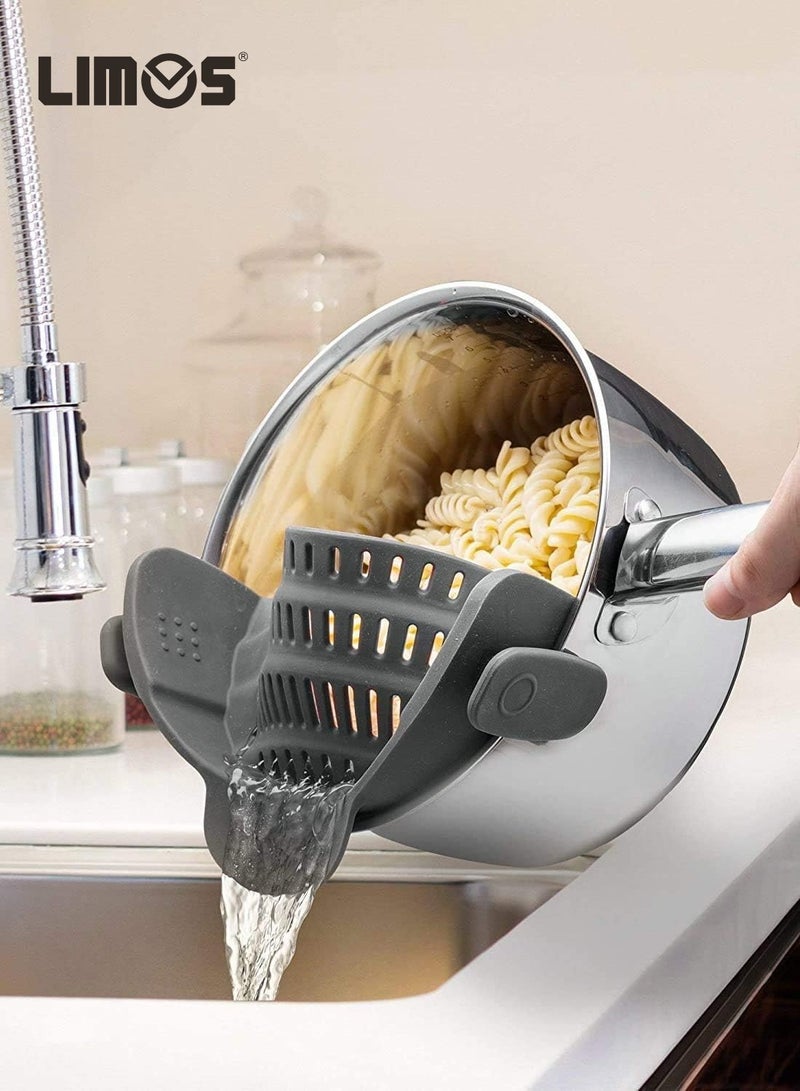 LIMOS Snap N Strain Pot Strainer and Pasta Strainer - Adjustable Silicone Clip On Strainer for Pots, Pans, and Bowls - Gray - Image 1