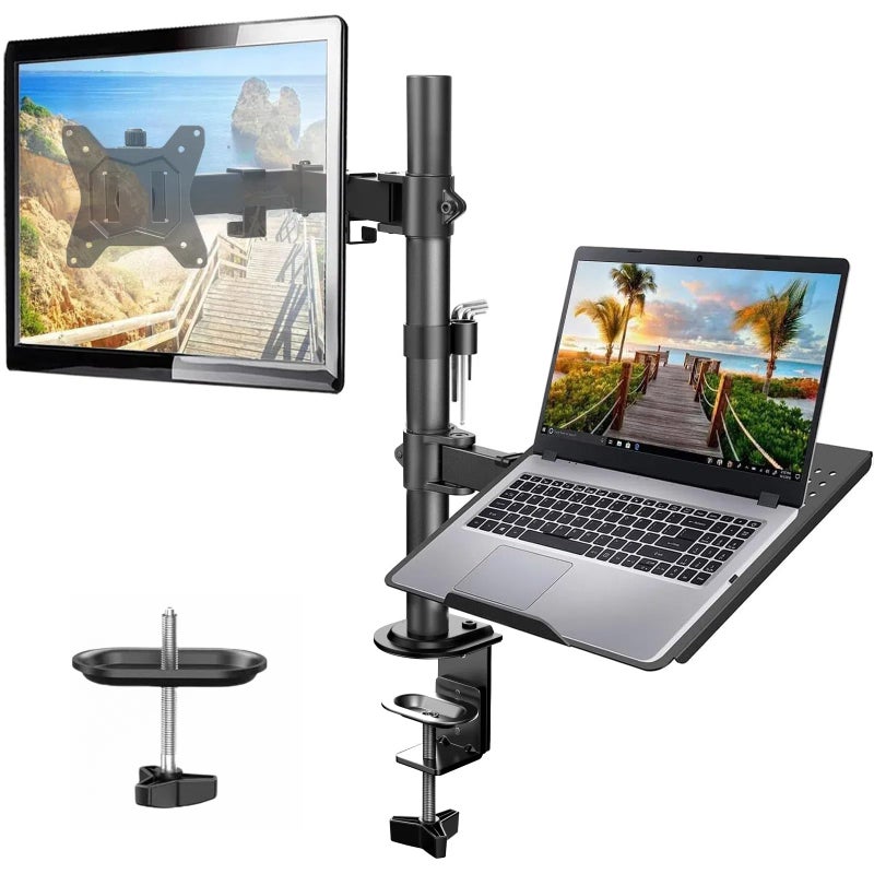 HUANUO Adjustable Monitor Stand Single Arm Desk Mount for 32 inch Screen and 17 inch Laptop Heavy Duty Ergonomic Bracket Holds 22lbs