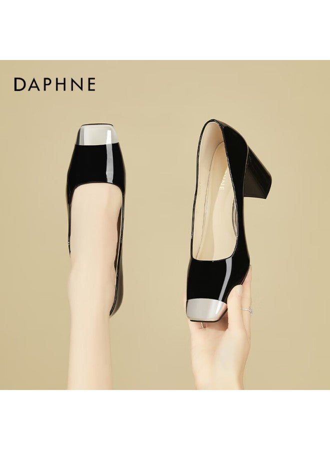 Daphne Elegant Square-toe Chunky High Heels, Women's Professional Work Shoes, Leather Shoes, Versatile Shallow-mouth Pumps, Black, Size 39 - Image 1