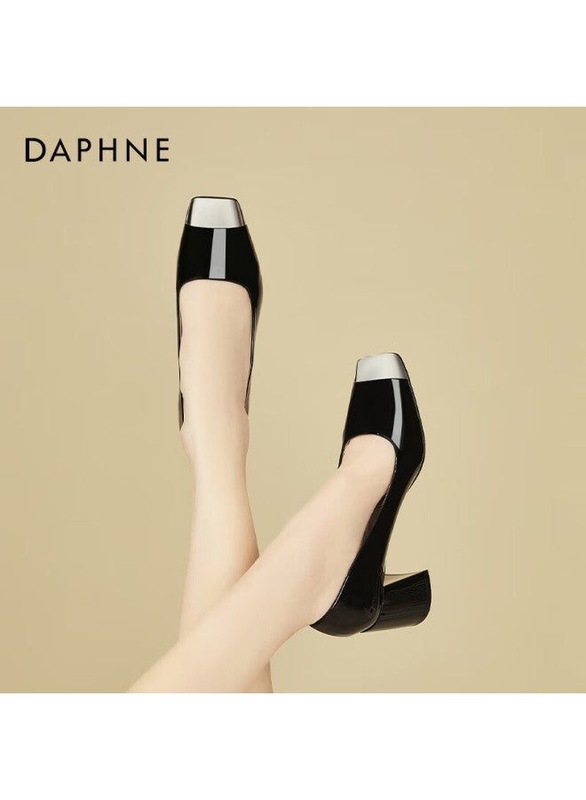 Daphne Elegant Square-toe Chunky High Heels, Women's Professional Work Shoes, Leather Shoes, Versatile Shallow-mouth Pumps, Black, Size 39 - Image 2