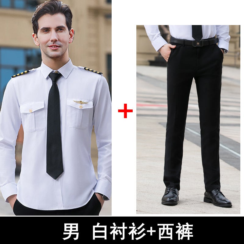 Pilot Long Sleeve Shirt Unisex Uniform Flight Attendant Male "white shirt black trousers]