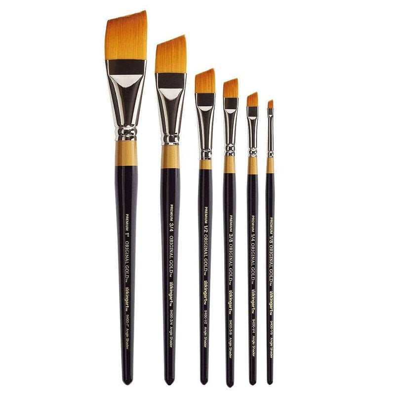 KINGART Premium 6 pc. Original Gold 9400 Series Angular Shader Artist Brush Set, Synthetic Golden Taklon Hair, Short Handle, 6 Sizes: 1/8", 1/4", 3/8", 1/2", 3/4", 1" - Image 1