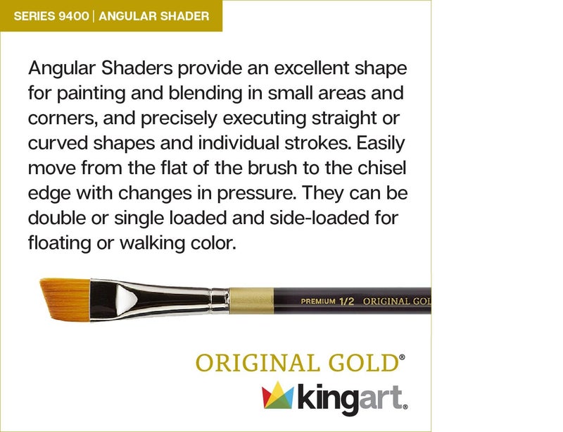 KINGART Premium 6 pc. Original Gold 9400 Series Angular Shader Artist Brush Set, Synthetic Golden Taklon Hair, Short Handle, 6 Sizes: 1/8", 1/4", 3/8", 1/2", 3/4", 1" - Image 3