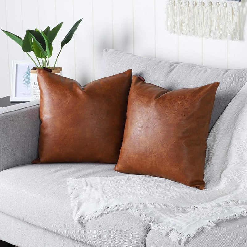 MANDIOO Set of 2 Faux Leather Decorative Throw Pillow Covers Modern Solid Outdoor Cushion Cases Luxury Pillowcases for Couch Sofa Bed 16x16 Inches Brown - Image 3