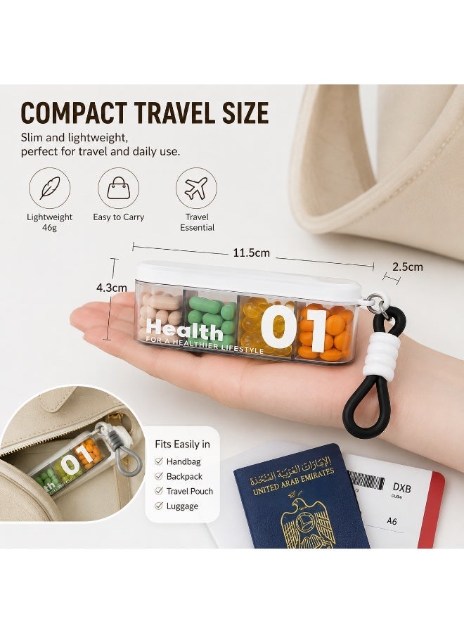 Portable Travel Pill Box with 4 Large Compartments, Compact Daily Medicine Organizer for Vitamins, Capsules and Supplements, Moisture-Resistant Pill Case for Handbag, Office and Travel, White - Image 5