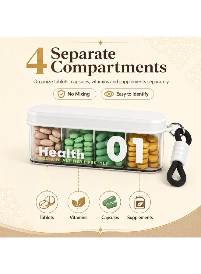 Portable Travel Pill Box with 4 Large Compartments, Compact Daily Medicine Organizer for Vitamins, Capsules and Supplements, Moisture-Resistant Pill Case for Handbag, Office and Travel, White - Image 2
