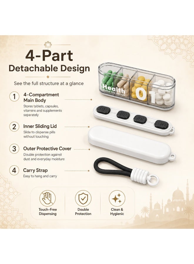 Portable Travel Pill Box with 4 Large Compartments, Compact Daily Medicine Organizer for Vitamins, Capsules and Supplements, Moisture-Resistant Pill Case for Handbag, Office and Travel, White - Image 4