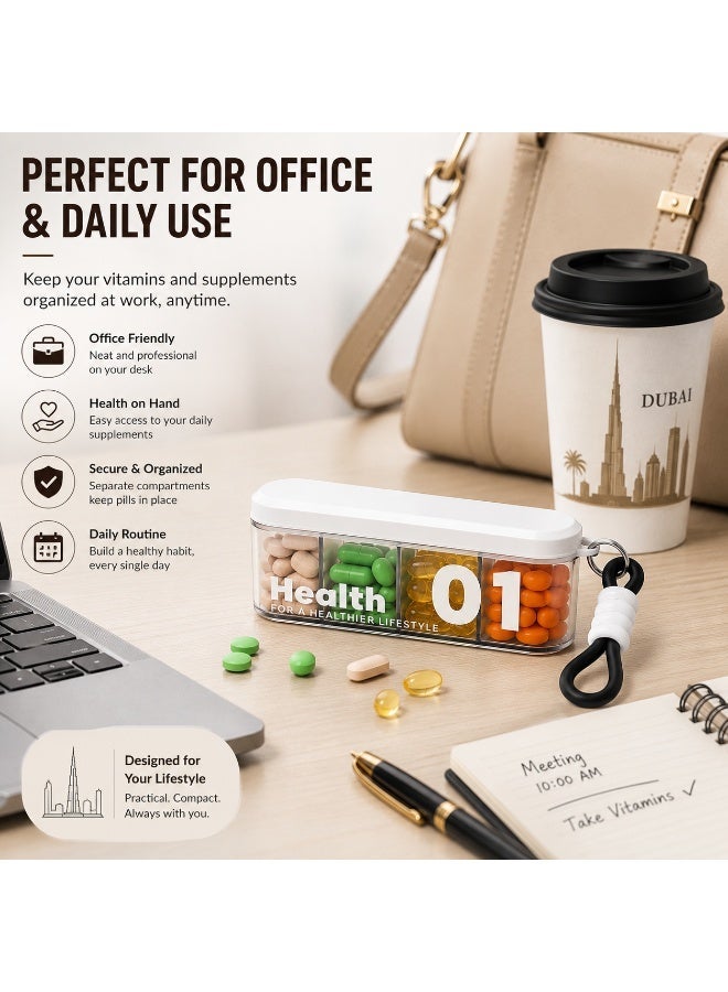 Portable Travel Pill Box with 4 Large Compartments, Compact Daily Medicine Organizer for Vitamins, Capsules and Supplements, Moisture-Resistant Pill Case for Handbag, Office and Travel, White - Image 3