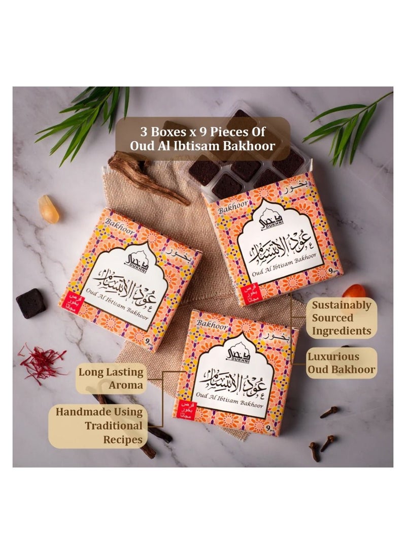 DUKHNI Oud Al Ibtisam Bakhoor | 3 boxes x 9 Piece each | Arabic Bakhoor Incense| Warm Floral Oud Blend| Perfect for Prayer Time | To Relax & Meditate | Handmade Traditional recipe - Image 2