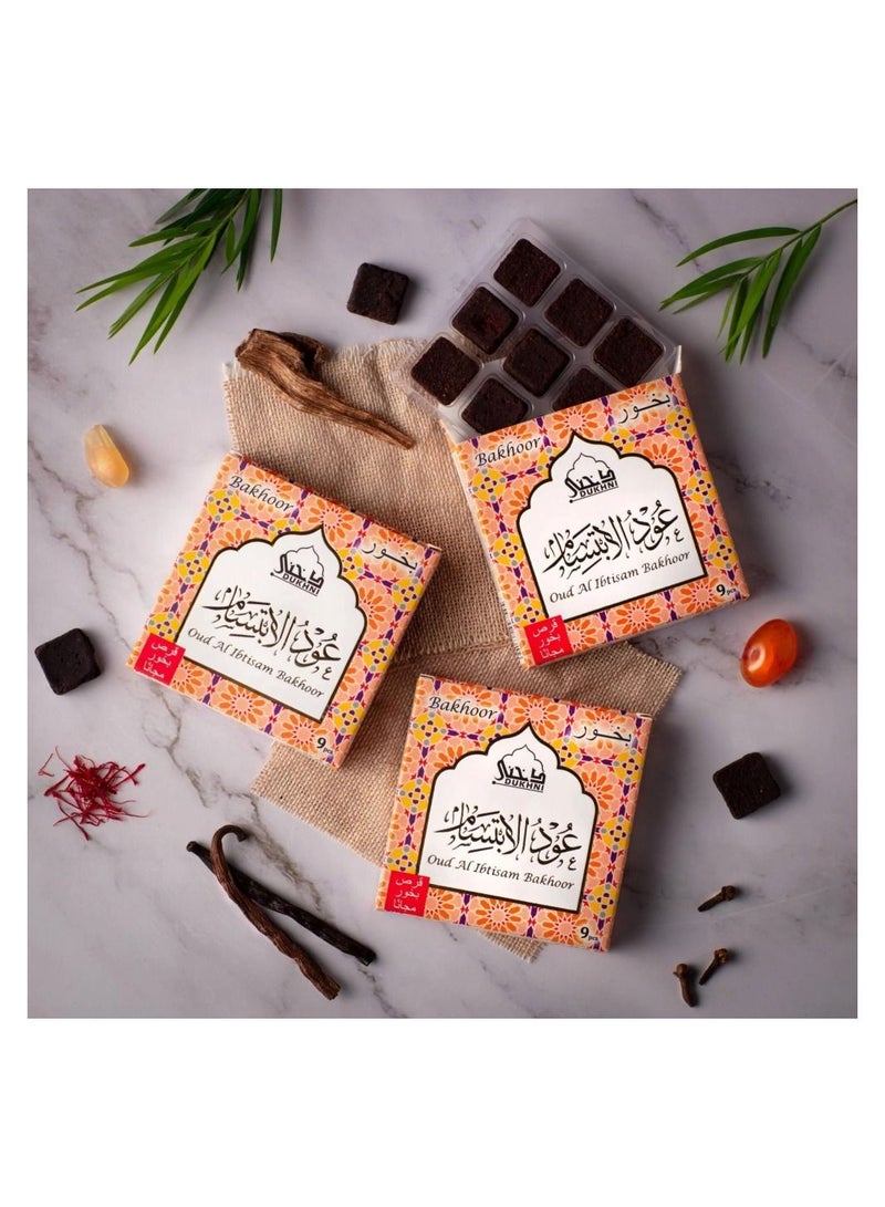 DUKHNI Oud Al Ibtisam Bakhoor | 3 boxes x 9 Piece each | Arabic Bakhoor Incense| Warm Floral Oud Blend| Perfect for Prayer Time | To Relax & Meditate | Handmade Traditional recipe - Image 1