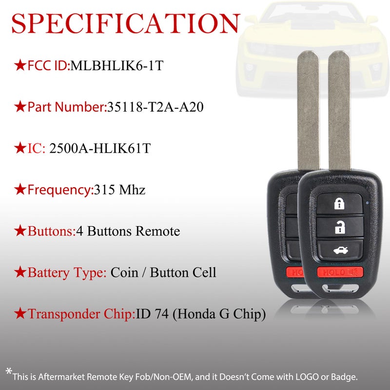 MechanMagic Key Fob Remote Replacement Fits for Honda Accord 2013 2014 2015 / Civic 2014-2015 MLBHLIK6-1T Keyless Entry Remote Control Head Key Uncut 4 Buttons 315 MHz ID74 G 35118-T2A-A20 Pack of 2 - Image 3