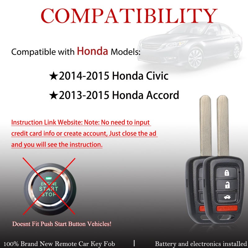 MechanMagic Key Fob Remote Replacement Fits for Honda Accord 2013 2014 2015 / Civic 2014-2015 MLBHLIK6-1T Keyless Entry Remote Control Head Key Uncut 4 Buttons 315 MHz ID74 G 35118-T2A-A20 Pack of 2 - Image 2