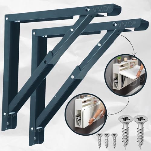 VMD, Heavy Duty 20" (Grey) Foldable Shelf Bracket, DIY Folding Shelves, l Bracket, Wall Brackets, Wall Angle Bracket, Folding Table Bracket with Fittings for fold Down Steel Table (Pack of 2) - Image 2