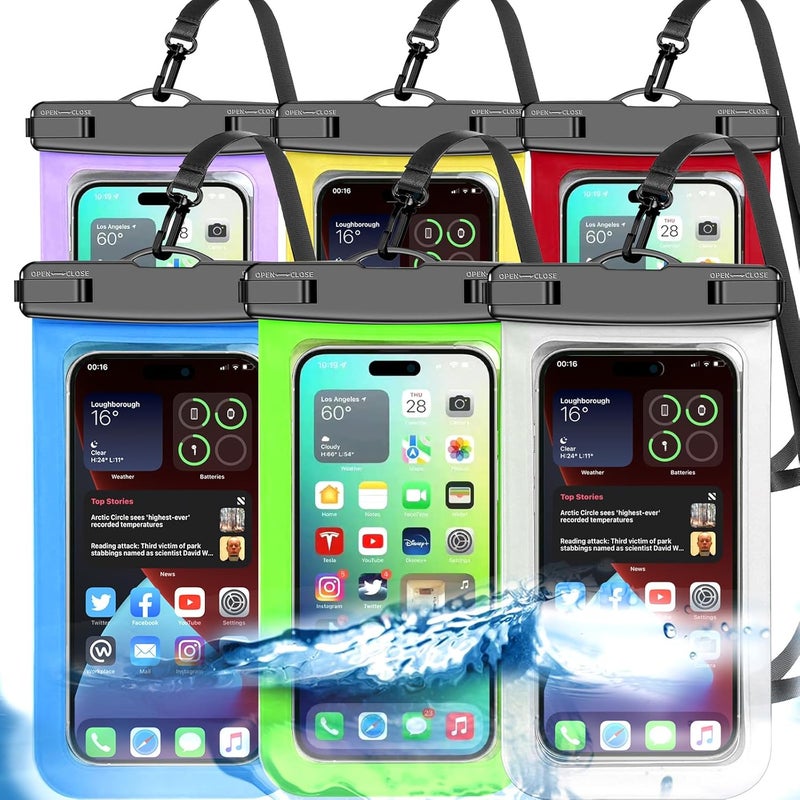 Famoby Up to 8.3" 6 Pack Multicolor Universal Waterproof Phone Pouch, Phone Waterproof Case Dry Bag,Protection Level: IP68,Outdoor for Apple iPhone,Samsung,and More,White,Blue,Red,Purple,Yellow,Green - Image 1