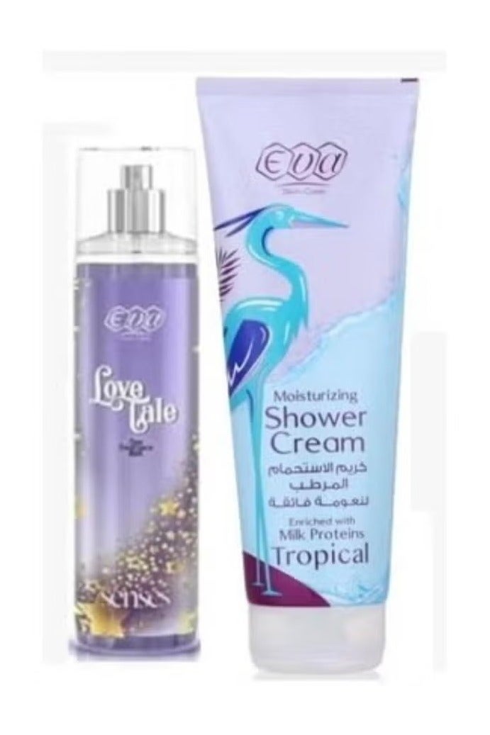 إيفا كريم الإستحمام المرطب لنعومة فائقة تروبيكال 250 مل + ايفا سكين كير سينسز معطر الجسم لاف تيل 240 مل - Image 1