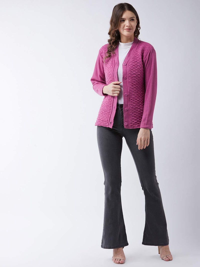 Pivl Self Design V Neck Casual Women Sweater/Cardigan for Winter (Large, Light Pink) - Image 2