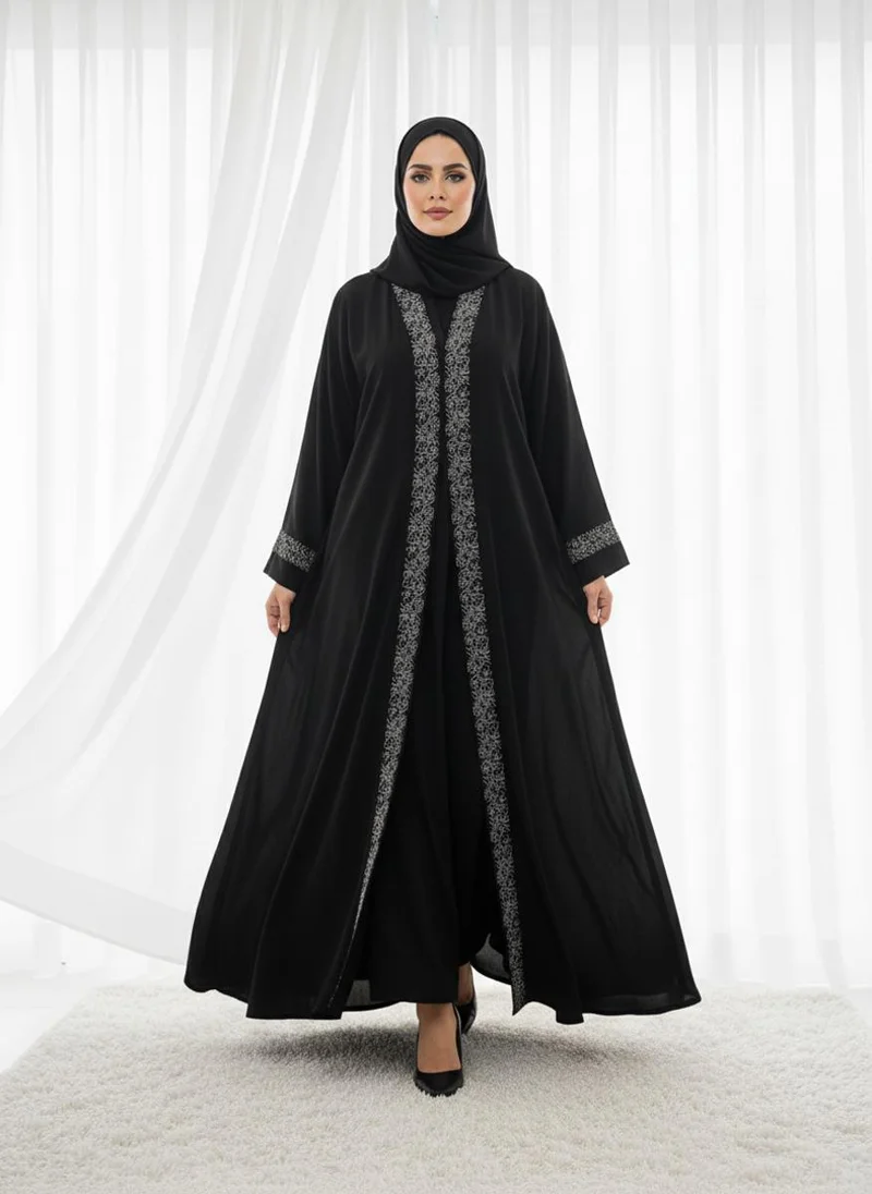 MSquare Fashion Jet Black Silver Lace Filigree With Headscarf