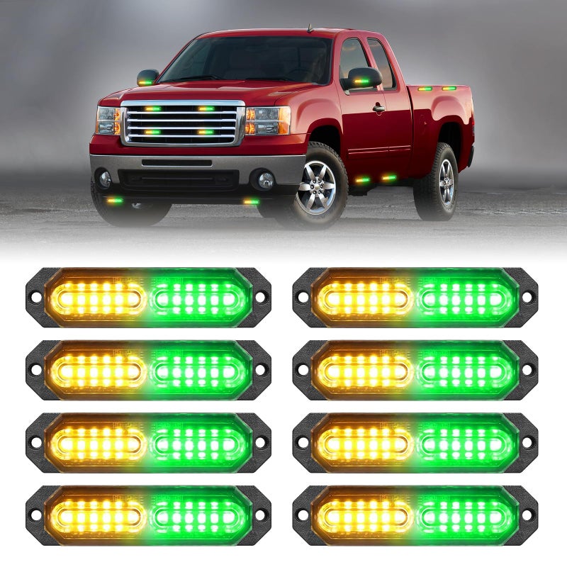 HLauto 1200T Emergency Strobe Grille Lights 8pcs 12 LED Sync Feature Safety Warning Flashing Lights Ultra Slim Surface Mount Hazard Caution Lights for Trucks Vehicles Car ATV UTV Amber Green - Image 2