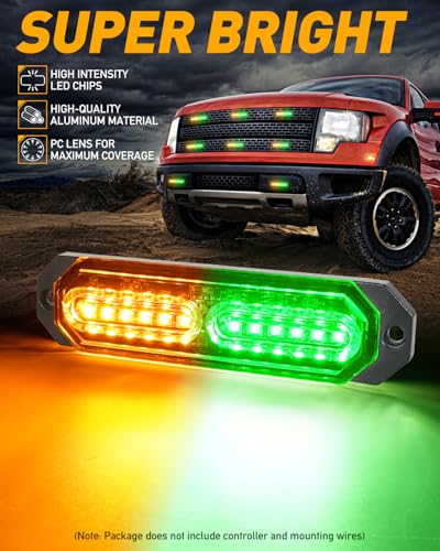 HLauto 1200T Emergency Strobe Grille Lights 8pcs 12 LED Sync Feature Safety Warning Flashing Lights Ultra Slim Surface Mount Hazard Caution Lights for Trucks Vehicles Car ATV UTV Amber Green - Image 3