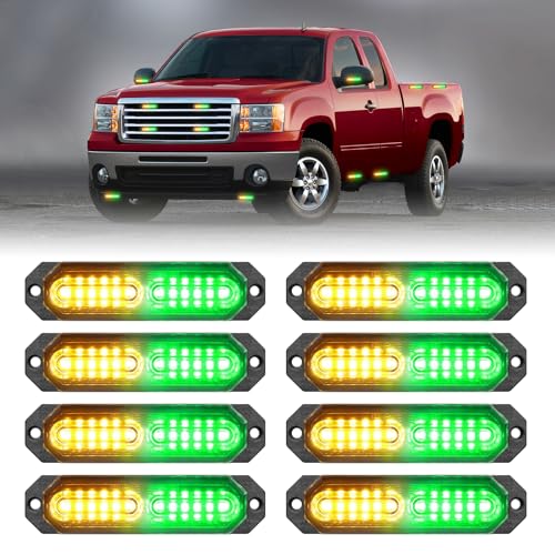 HLauto 1200T Emergency Strobe Grille Lights 8pcs 12 LED Sync Feature Safety Warning Flashing Lights Ultra Slim Surface Mount Hazard Caution Lights for Trucks Vehicles Car ATV UTV Amber Green - Image 1