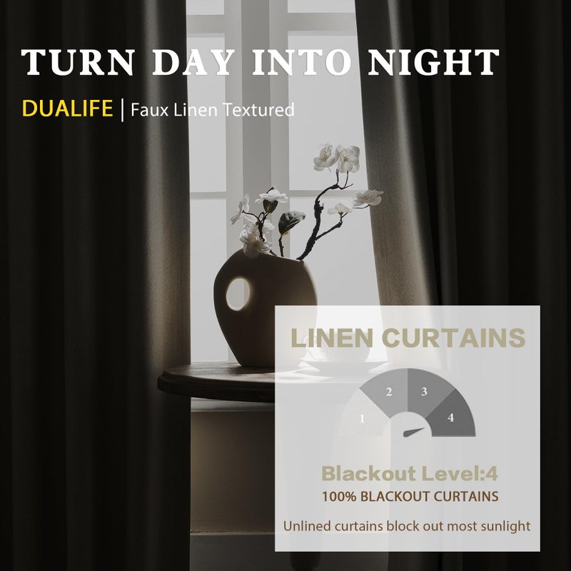 DUALIFE Natural Linen Curtains 108 Inches Long for Living Room 2 Panels Set Loop Pocket Back Tab Draperies Neutral Earth Tone Textured Vertical Blackout Linen Curtains for Large Window 9 FT W50 x L108 - Image 3